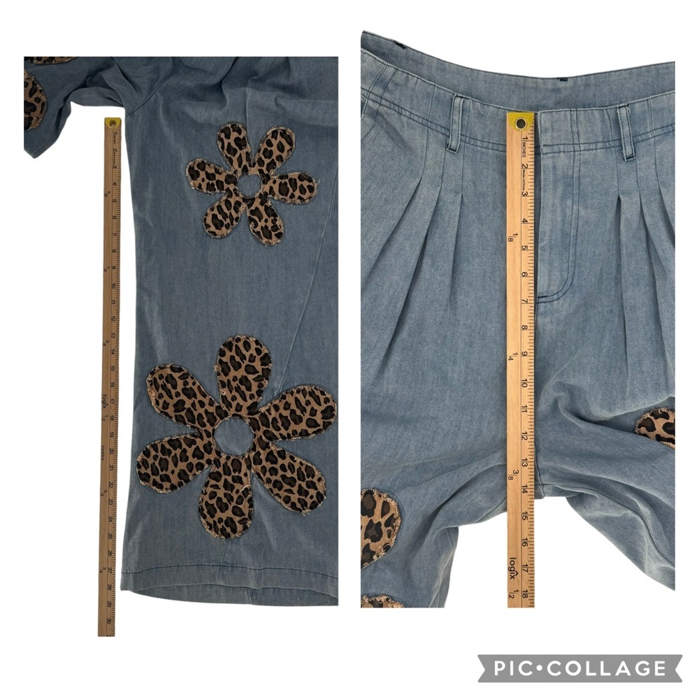 NWT BiBi Light Wash Animal Leopard Cheetah Boho Floral Patch Wide Leg Jeans XL - Picture 9 of 10